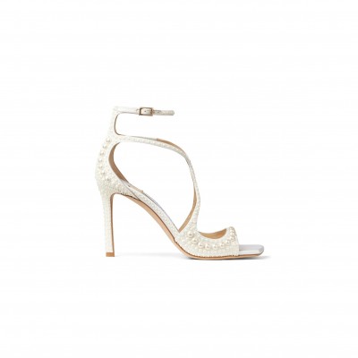 JIMMY CHOO AZIA 95 WHITE SATIN SANDALS WITH ALL-OVER PEARLS AZIA95WOZ_S